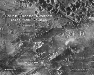 Aerial of the Belgian town of StVith after the bombardment. Photo by 2/Lt Abraham Jaffe, Bronx, New York
